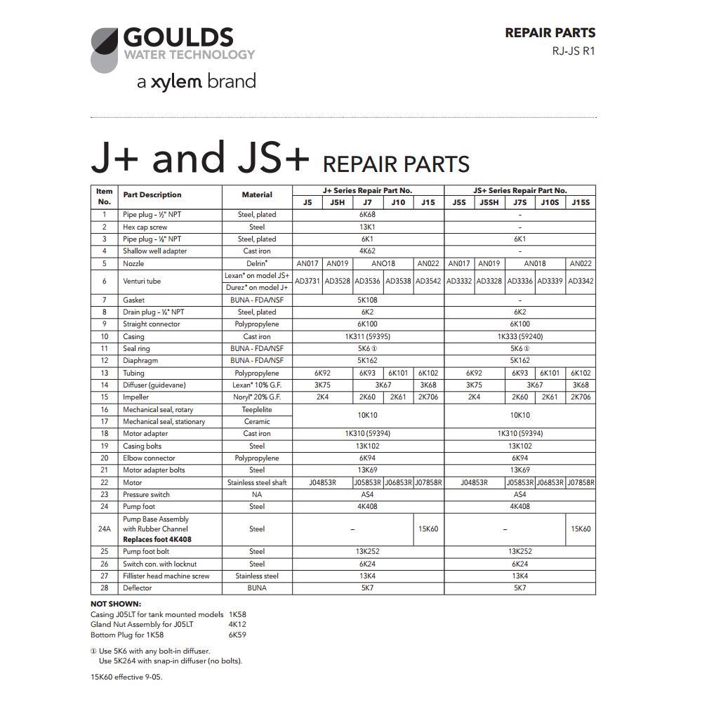 Repair Rebuild Kit for Goulds J7 JET Water Well Pump 3/4 HP